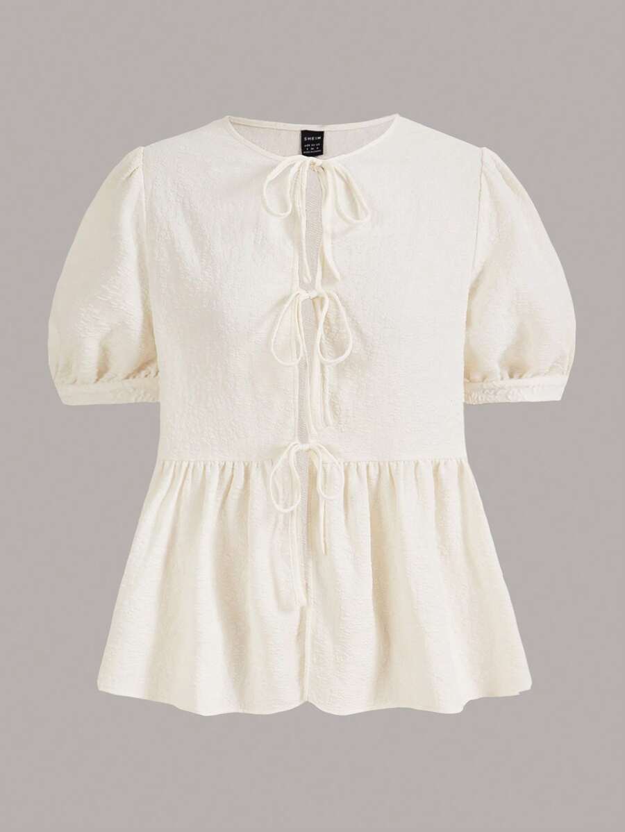 SHEINNeu Tie Front Ruffle Hem Puff Sleeve Peplum Blouse - Beige - View 1