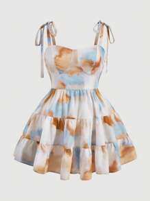 SHEIN MOD 大碼紮染肩上打結荷葉邊吊帶連衣裙 - 彩色 - 查看 1