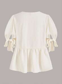 SHEINNeu Tie Front Ruffle Hem Puff Sleeve Peplum Blouse - Beige - View 2