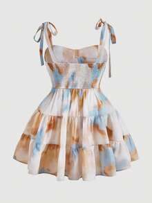 SHEIN MOD 大碼紮染肩上打結荷葉邊吊帶連衣裙 - 彩色 - 查看 2