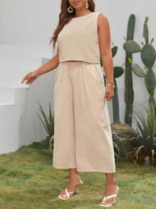 SHEIN VCAY Plus Solid Tank Top & Wide Leg Pants - Apricot - View 1