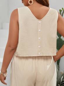 SHEIN VCAY Plus Solid Tank Top & Wide Leg Pants - Apricot - View 3