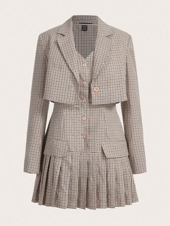 SHEINNeu Plaid Print Sleeveless Dress & Single Button Crop Jacket