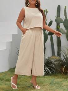 SHEIN VCAY Plus Solid Tank Top & Wide Leg Pants - Apricot - View 4