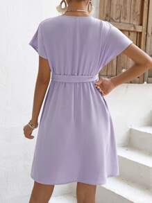 SHEIN Maternity Surplice Neck Batwing Sleeve Belted Dress - Lilac Purple - View 2