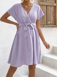 SHEIN Maternity Surplice Neck Batwing Sleeve Belted Dress - Lilac Purple - View 3