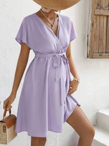 SHEIN Maternity Surplice Neck Batwing Sleeve Belted Dress - Lilac Purple - View 5