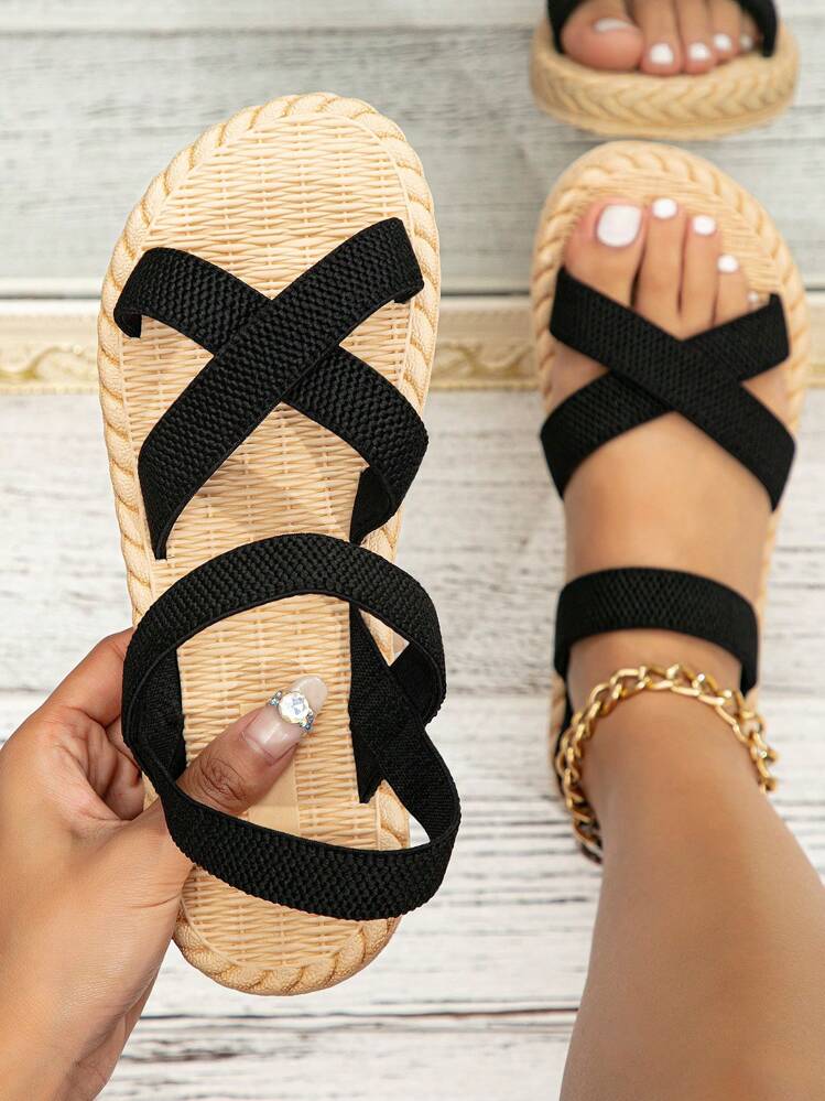 Mulheres Criss Cross Sandálias Planas , Férias Preto Tecido Sandálias Slingback Para Verão - Preto - Ver 2