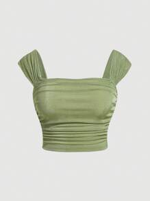 SHEIN MOD Plus Ruched Crop Wide Strap Top - Olive Green - View 1