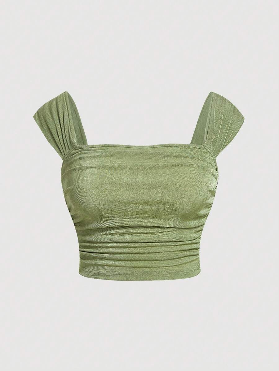 SHEIN MOD Plus Ruched Crop Wide Strap Top - Olive Green - View 1
