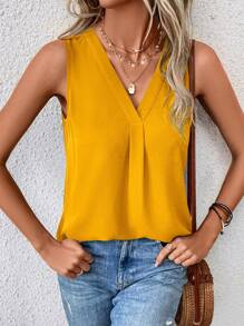 SHEIN LUNE 素色V領無袖襯衫 - 黃色 - 查看 3