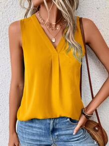 SHEIN LUNE 素色V領無袖襯衫 - 黃色 - 查看 5