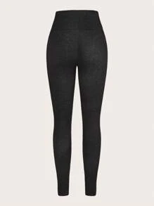 SHEINNeu 素色腰部綁帶緊身打底褲 - 黑色 - 查看 2