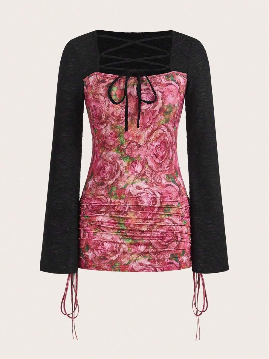 SHEINNeu Floral Print Lace Up Front Drawstring Side Bodycon Dress - Multicolor - View 1