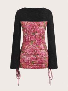 SHEINNeu Floral Print Lace Up Front Drawstring Side Bodycon Dress - Multicolor - View 2