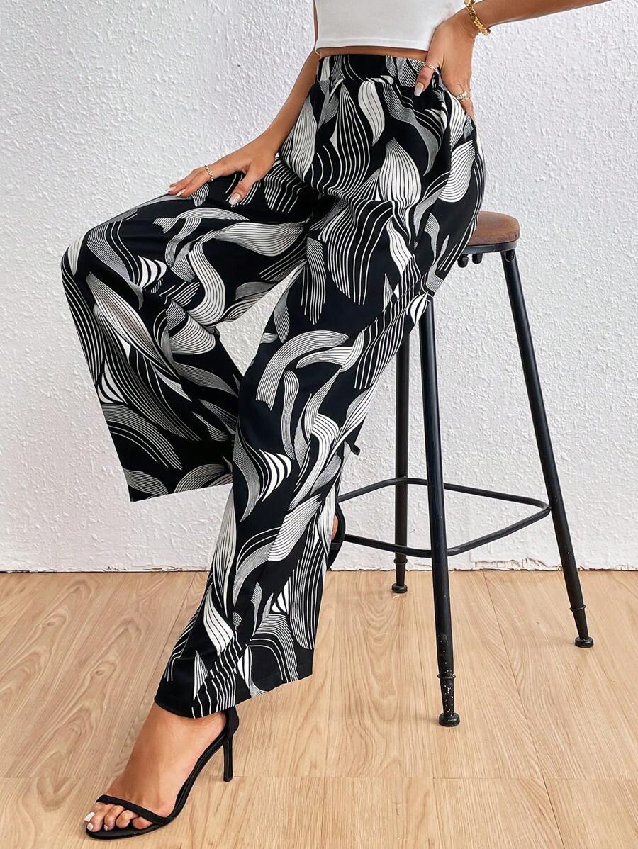 SHEIN Privé 滿版印花闊腿褲 - 彩色 - 查看 1