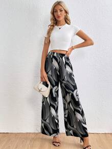 SHEIN Privé 滿版印花闊腿褲 - 彩色 - 查看 5