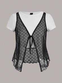 SHEINNeu 2 In 1 Tie Front Mesh Tee - Black and White - View 1