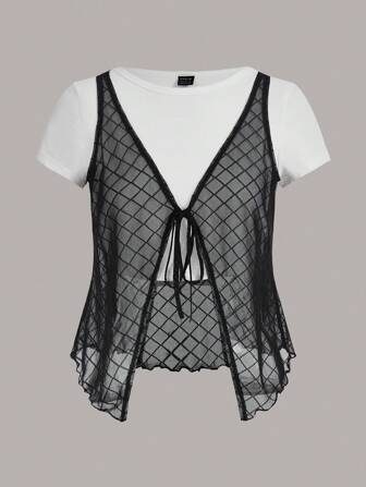 SHEINNeu 2 In 1 Tie Front Mesh Tee