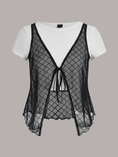 SHEINNeu 2 In 1 Tie Front Mesh Tee