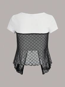 SHEINNeu 2 In 1 Tie Front Mesh Tee - Black and White - View 2