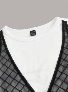 SHEINNeu 2 In 1 Tie Front Mesh Tee - Black and White - View 4