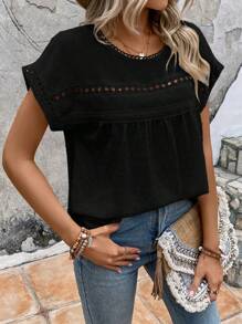 EMERY ROSE Blusa con encaje en contraste de manga murciélago - Negro - Ver 3