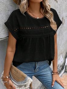 EMERY ROSE Blusa con encaje en contraste de manga murciélago - Negro - Ver 4