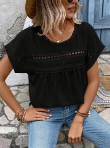 EMERY ROSE Blusa con encaje en contraste de manga murciélago - Negro - Ver 7