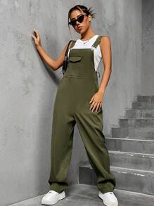 SHEIN Unity Áo liền quần nữ Nút Dây kéo Túi màu trơn Giải trí - xanh quân đội - Xem 1