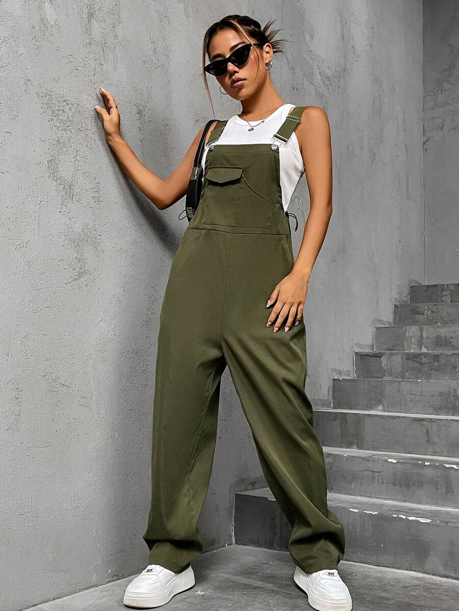 SHEIN Unity Áo liền quần nữ Nút Dây kéo Túi màu trơn Giải trí - xanh quân đội - Xem 1