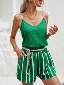 SHEIN Frenchy 素色吊帶上衣和條紋印花附腰帶短褲 - 綠色 - 查看 4