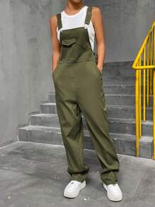 SHEIN Unity Áo liền quần nữ Nút Dây kéo Túi màu trơn Giải trí - xanh quân đội - Xem 3