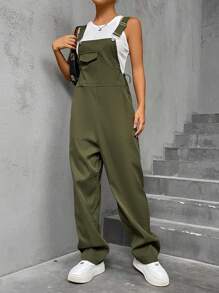 SHEIN Unity Áo liền quần nữ Nút Dây kéo Túi màu trơn Giải trí - xanh quân đội - Xem 4