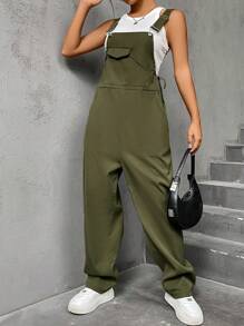 SHEIN Unity Áo liền quần nữ Nút Dây kéo Túi màu trơn Giải trí - xanh quân đội - Xem 5