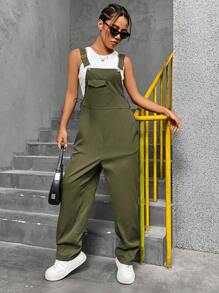 SHEIN Unity Áo liền quần nữ Nút Dây kéo Túi màu trơn Giải trí - xanh quân đội - Xem 6