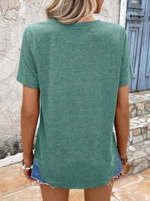 SHEIN LUNE Summer Women's Solid Color V-Neck Short Sleeve T-Shirt - Green - View 3