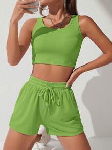 SHEIN PETITE Solid Crop Tank Top & Drawstring Waist Shorts - Lime Green - View 1