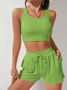 SHEIN PETITE Solid Crop Tank Top & Drawstring Waist Shorts - Lime Green - View 4