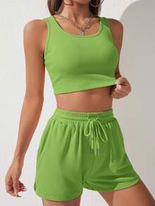 SHEIN PETITE Solid Crop Tank Top & Drawstring Waist Shorts - Lime Green - View 5