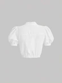 SHEIN MOD Áo sơ mi nữ Tương phản ren viền lá sen Nút phía trước màu trơn Thanh lịch - trắng - Xem 2