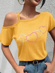 SHEIN LUNE 愛心圖案不對稱領T恤 - 黃色 - 查看 2