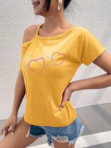 SHEIN LUNE 愛心圖案不對稱領T恤 - 黃色 - 查看 5