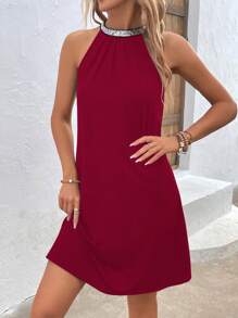 SHEIN VCAY Tương phản Sequin Lỗ khóa trở lại Halter Neck Đầm - Màu Đỏ Sâu - Xem 3