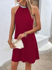SHEIN VCAY Tương phản Sequin Lỗ khóa trở lại Halter Neck Đầm - Màu Đỏ Sâu - Xem 4