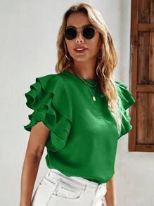 SHEIN LUNE Solid Ruffle Trim Keyhole Back Blouse - Green - View 2