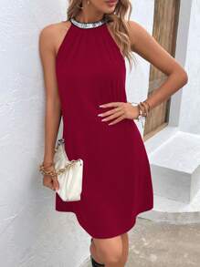 SHEIN VCAY Tương phản Sequin Lỗ khóa trở lại Halter Neck Đầm - Màu Đỏ Sâu - Xem 5