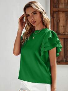 SHEIN LUNE Solid Ruffle Trim Keyhole Back Blouse - Green - View 5