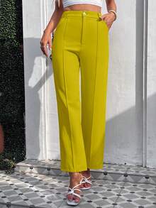 SHEIN Privé 高腰接縫細節西裝褲 - 橄欖綠 - 查看 4