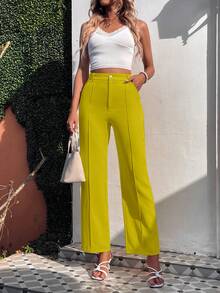 SHEIN Privé 高腰接縫細節西裝褲 - 橄欖綠 - 查看 5